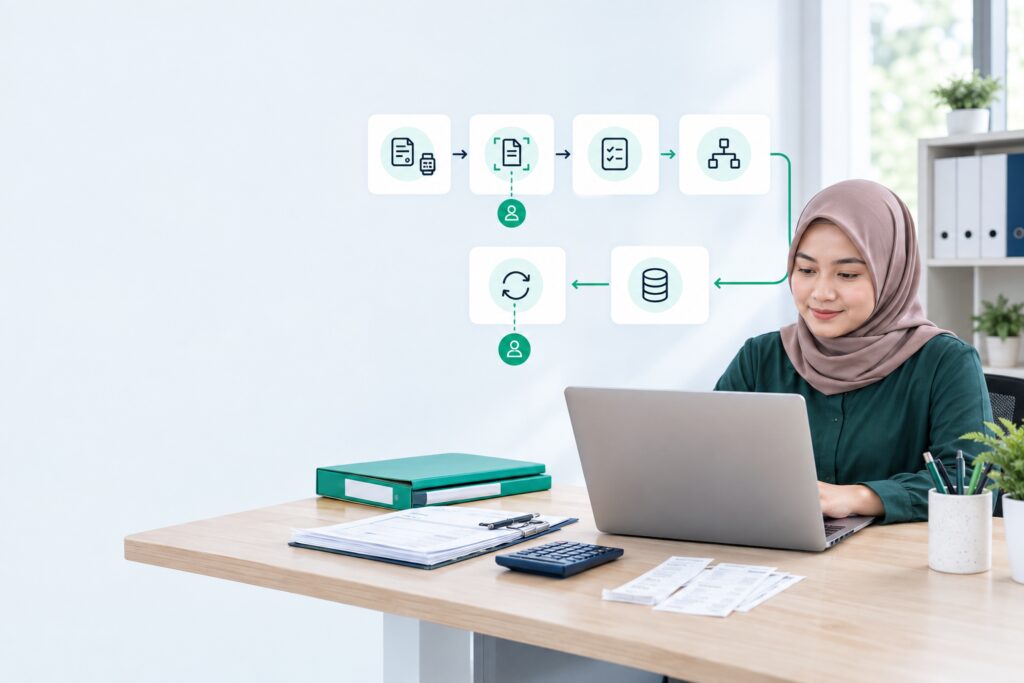 Diagram alur integrasi data dokumen dan transaksi menuju software akuntansi dengan tahap pemeriksaan